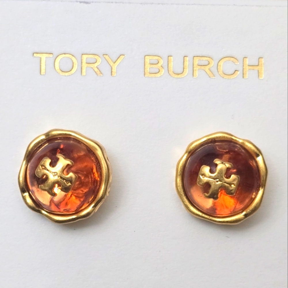 Tory Burch Roxanne Gold and Amberish Color Stud Earrings